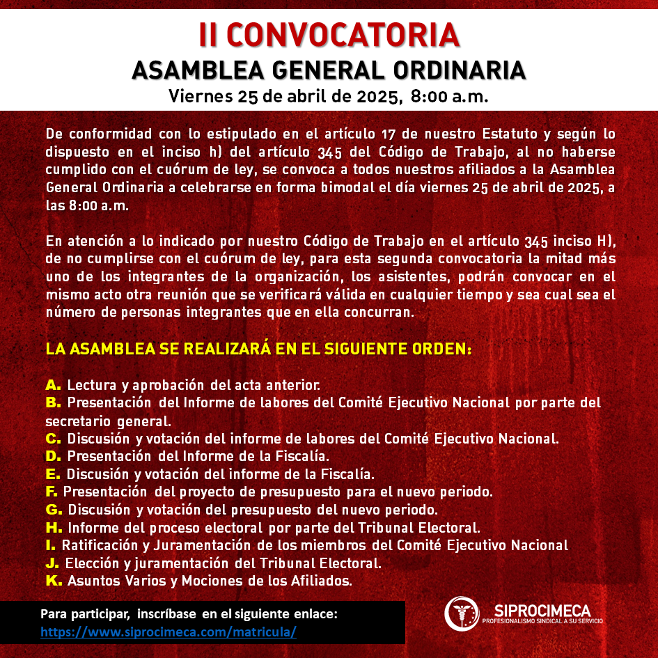 SIPROCIMECA CONVOCA A SUS AFILIADOS